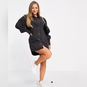 Missguided Denim Shirt Dress with Puff Sleeves in Black Womens Size 12